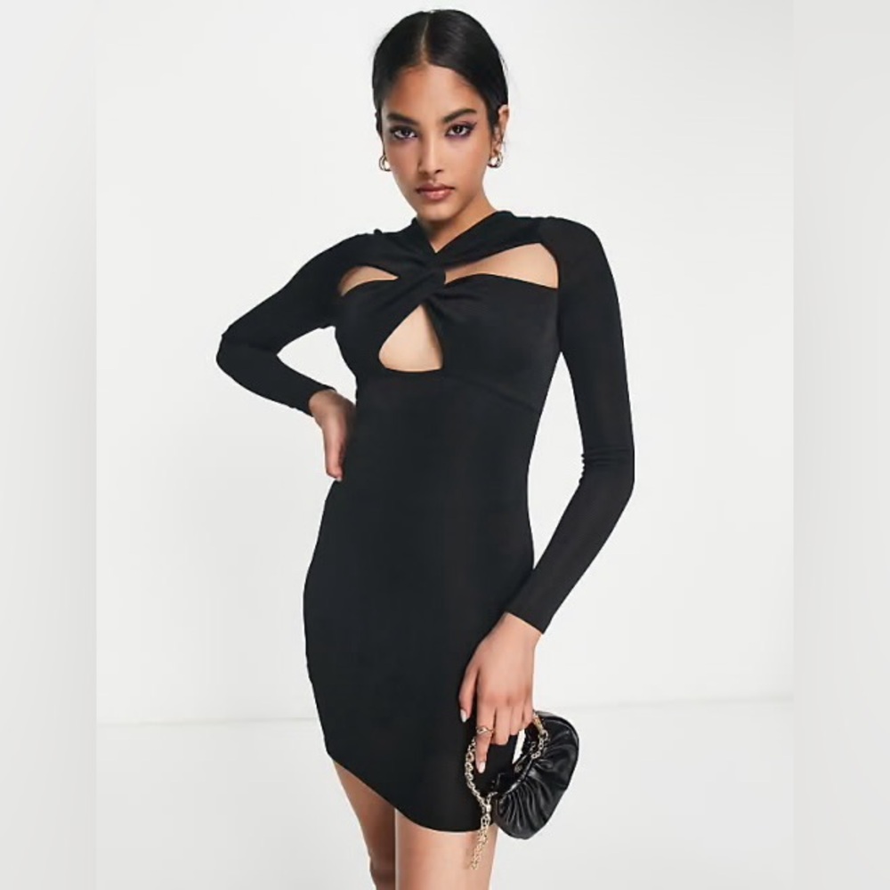 ASOS DESIGN slinky ribbed long sleeve mini dress with twist front in black